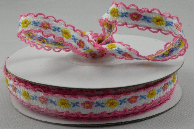 Pink or Blue flower woven ribbon with scallop edge 12mm x 10 Metre roll - 5506212 - Image 3