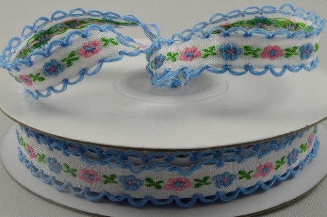 Pink or Blue flower woven ribbon with scallop edge 12mm x 10 Metre roll - 5506212 - Image 2