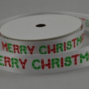 White satin ribbon with Merry Christmas print  15mm x 10 Metre roll - 55082