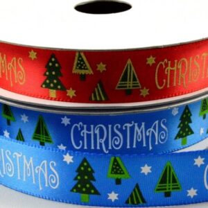Christmas printed red or blue satin ribbon 16mm x 10 Metre Roll, ideal for Christmas or Birthday giftwrap and decoration!   - 55093