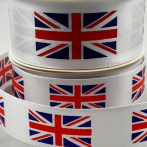 Union Jack print on white satin ribbon 25mm x 10m roll