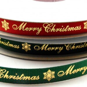 Red or Green grosgrain ribbon with Merry Christmas & snowflake gold print 9mm x 20 Metre roll  - 55098