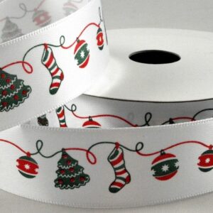 White satin ribbon with Christmas bauble print 25mm x 10 Metre roll - 55101