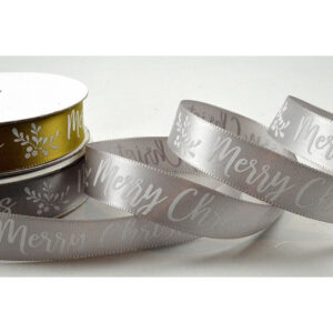 Gold or Silver satin Christmas ribbon with White Merry Christmas print 15mm x 10 Metre roll - 55104