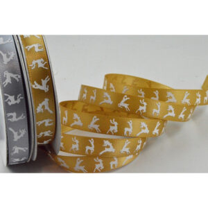 Gold or Silver satin Christmas ribbon with Reindeer print 10mm x 10 Metre roll 55109