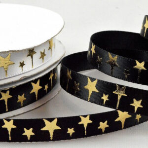 White satin ribbon with gold Christmas star design 10mm x 10 metre roll - 55110
