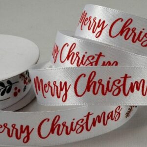 White Satin Merry Christmas Ribbon with Hollies and Berries 15mm x 10 metre roll - 55115