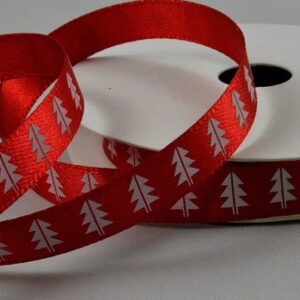 Red satin ribbon with white Christmas tree print 10mm x 10m roll