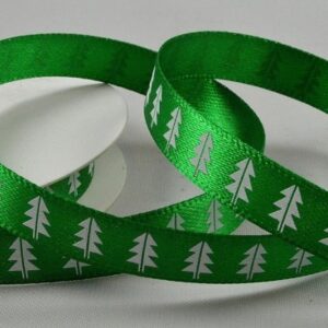 Green satin ribbon with white Christmas tree print 10mm x 10m roll