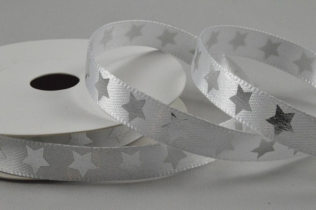 White/Black satin ribbon with silver/gold star print 10mm x 10m roll - Image 2