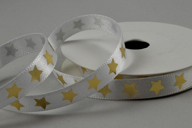 White/Black satin ribbon with silver/gold star print 10mm x 10m roll - Image 3