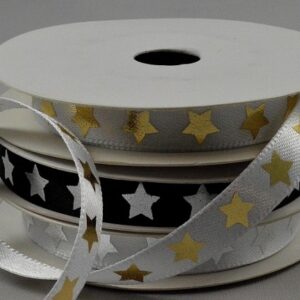 White/Black satin ribbon with silver/gold star print 10mm x 10m roll