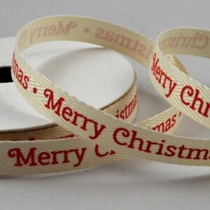 Cream herringbone ribbon with red Merry Christmas message 10mm x 10m roll