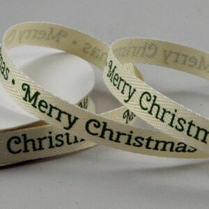 Cream herringbone ribbon with green Merry Christmas message 10mm x 10m roll