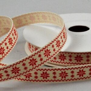 Cream herringbone ribbon with red Christmas snowflake design 10mm x 10m roll
