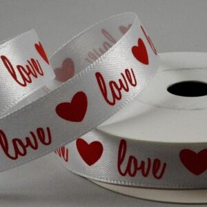 White satin ribbon with red printed love an hearts deign 15mm x 10m roll