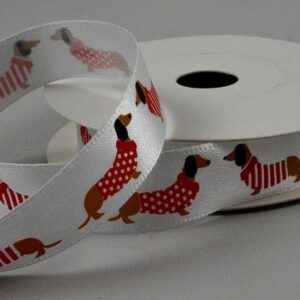 White satin ribbon with colourful Sausage Dog design 15mm x 10m roll