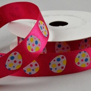 Fuschia satin ribbon with colourful Easter egg print 15mm x 10m roll