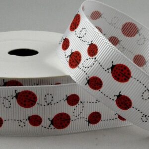 White grosgrain ribbon with Ladybird print 22mm x 10m