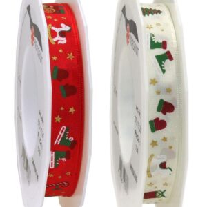 Satin Ribbon with Festive Christmas Print 15mm x 20m Roll - White or Red