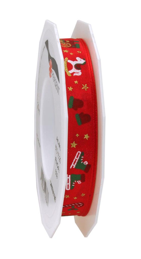 Satin Ribbon with Festive Christmas Print 15mm x 20m Roll - White or Red - Image 2
