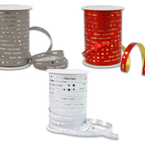 Curling Ribbon with Merry Christmas Print 10mm x 100m Roll - Silver, White & Red
