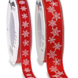 Red Satin Ribbon with White Snowflake Print 20m Roll - 15mm & 25mm