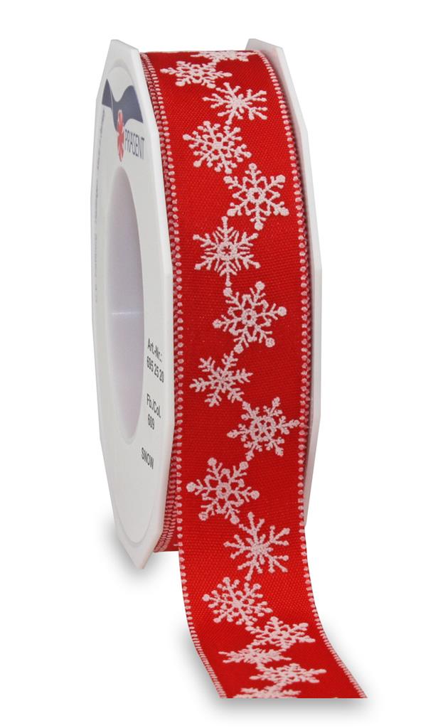 Red Satin Ribbon with White Snowflake Print 20m Roll - 15mm & 25mm - Image 3
