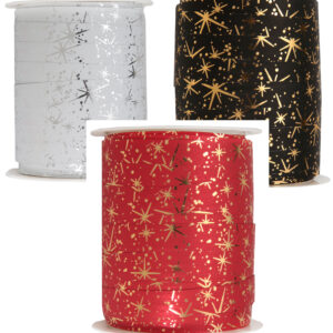 White/Silver, Red/Gold or Black/Gold Festive stars print curling ribbon 10mm x 25 Metre - 7201