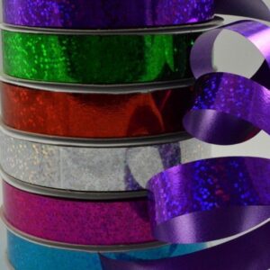 Aqua, Fuchsia, Gold, Purple, Red or Silver polyprop curling ribbon, printed with spotted holographic design 15mm x 10 Metre roll, ideal for Christmas or Birthday giftwrap and decoration!