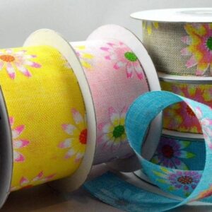 Floral printed natural ribbon baby pink, baby blue, natural or white  25mm x 10 Metre roll - 77025