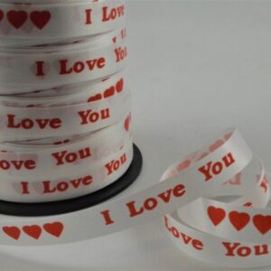 White polyprop curling ribbon with red I love you print 10mm  x 100 Metre roll, ideal for Valentines or Birthday wrapping or decoration!