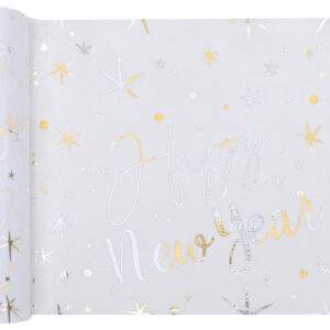 White table runner with gold Happy New Year print 30cm x 3m