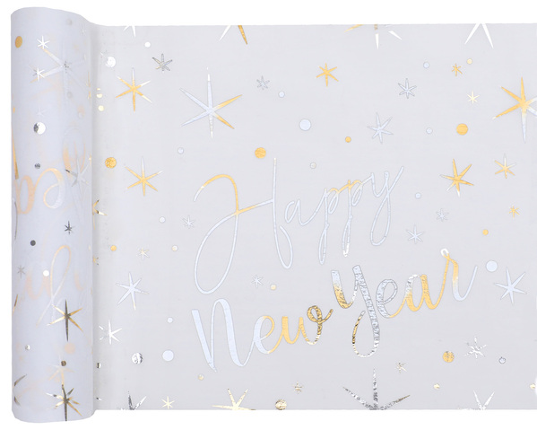 White table runner with gold Happy New Year print 30cm x 3m