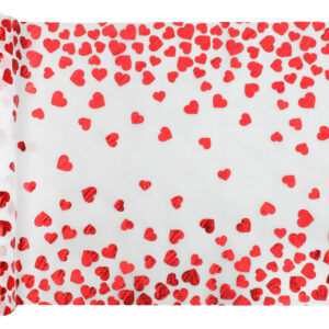 Valentine Gauze Table Runner with Red Metallic Hearts 26cm X 3m