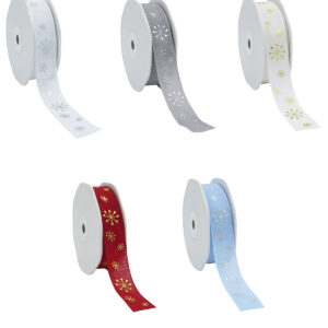 White, cream or red cotton ribbon with shiny silver or gold snowflake design 22mm x 15 Metre roll - ideal for Christmas or decoration!