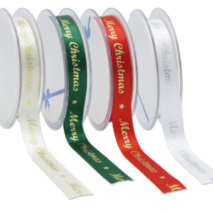Merry Christmas print 15mm x 25m roll satin ribbon available in 4 colours