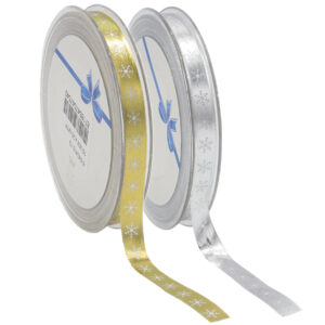 Christmas high shine satin ribbon with Snowflake design available in Silver or Gold 15mm x 20m roll