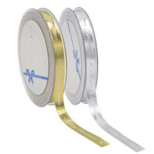 Merry Christmas print 15mm x 20m high shine satin ribbon in Silver or Gold