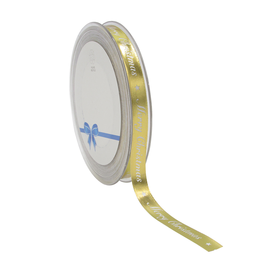 Merry Christmas print 15mm x 20m high shine satin ribbon in Silver or Gold - Image 2