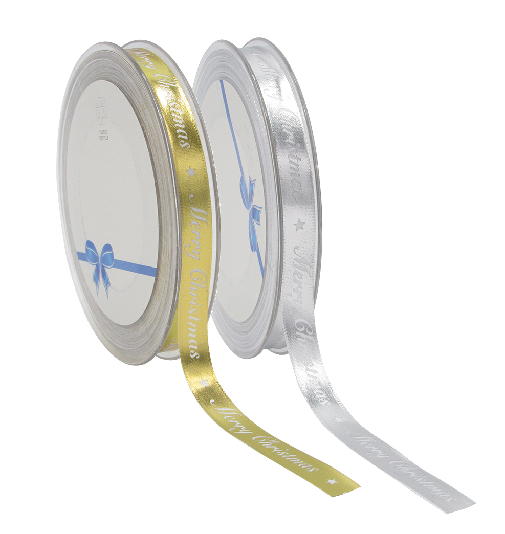 Merry Christmas print 15mm x 20m high shine satin ribbon in Silver or Gold