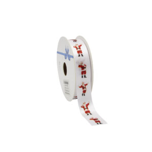 White Satin Ribbon with a Colourful Santa Claus Print 23mm - 20m Roll