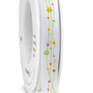 White Recycled Ribbon with Tiny Flower Print 15mm x 20m Roll