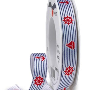 Blue Recycled Ribbon with Nautical Print 15mm x 20m Roll