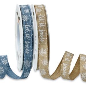 Linen Ribbon with White Let It Snow Print 15mm x 15m Roll - Natural or Blue