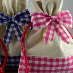 Pink/Blue natural cloth drawstring gift bag size 15 x 12cm with bow (pack of 5)