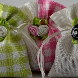 Pink/Green/Black check with flower detail cloth drawstring gift bag 13 x 10cm (pack of 5)
