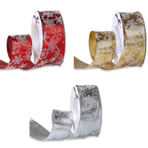 Wire Edge Shiny Lurex Ribbon with Christmas Print 40mm x 20m Roll - Red, Silver or Gold