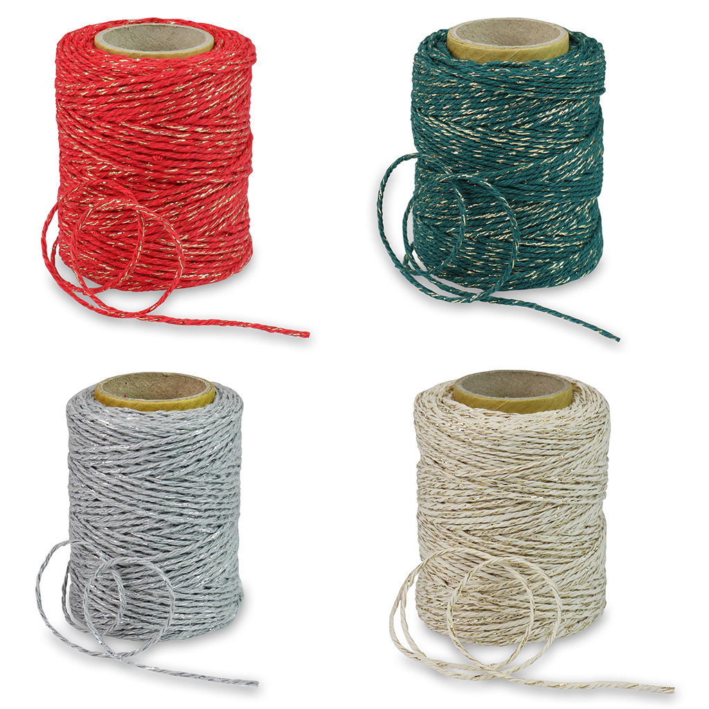 Metallic Cotton Cord 2mm x 50m Roll Green, Gold, Red & Silver