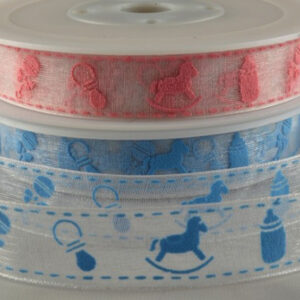 15mm White Organza ribbon with pink or blue baby design 20Mtr Roll